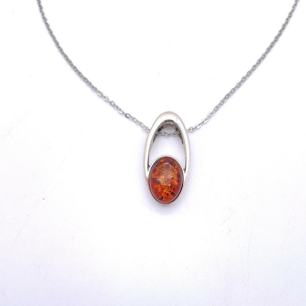 Danbury Mint Sterling 925 Amber Pendant Necklace  18" plus 2"